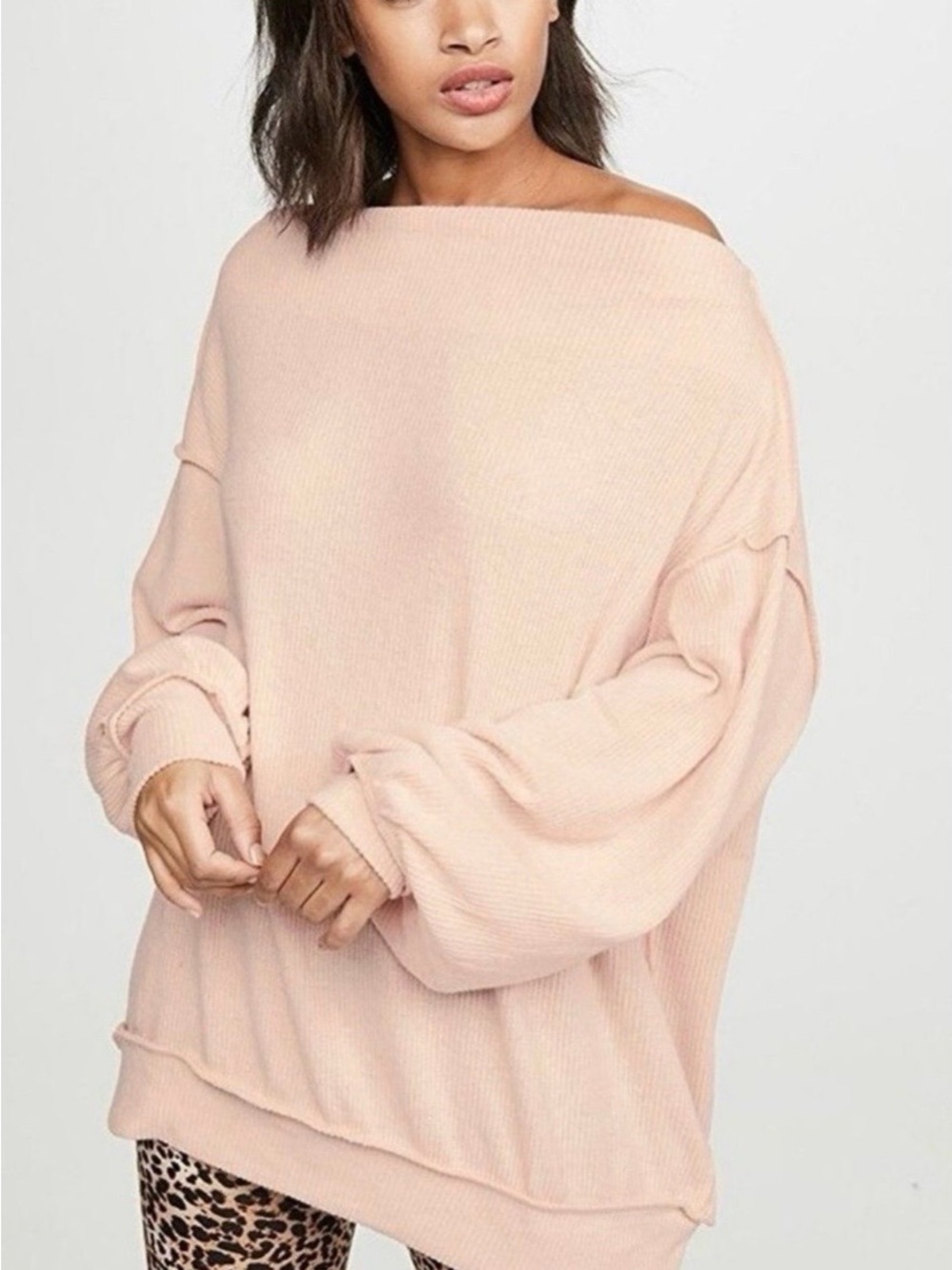 Women’s We The Free Off-the-Shoulder Oversized Sweater in a soft nectar pink